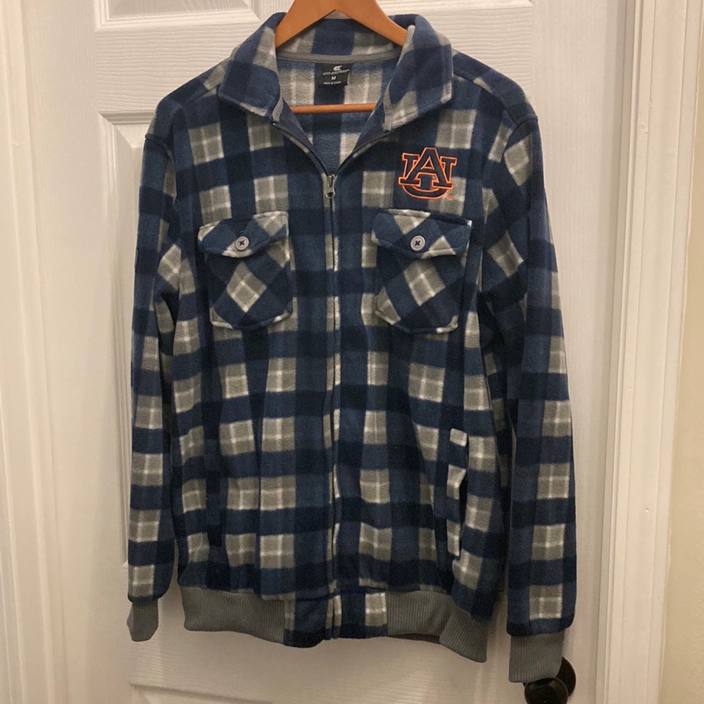 Colosseum Blue and Gray Plaid Fleece shirket Full zip Auburn University logo EUC